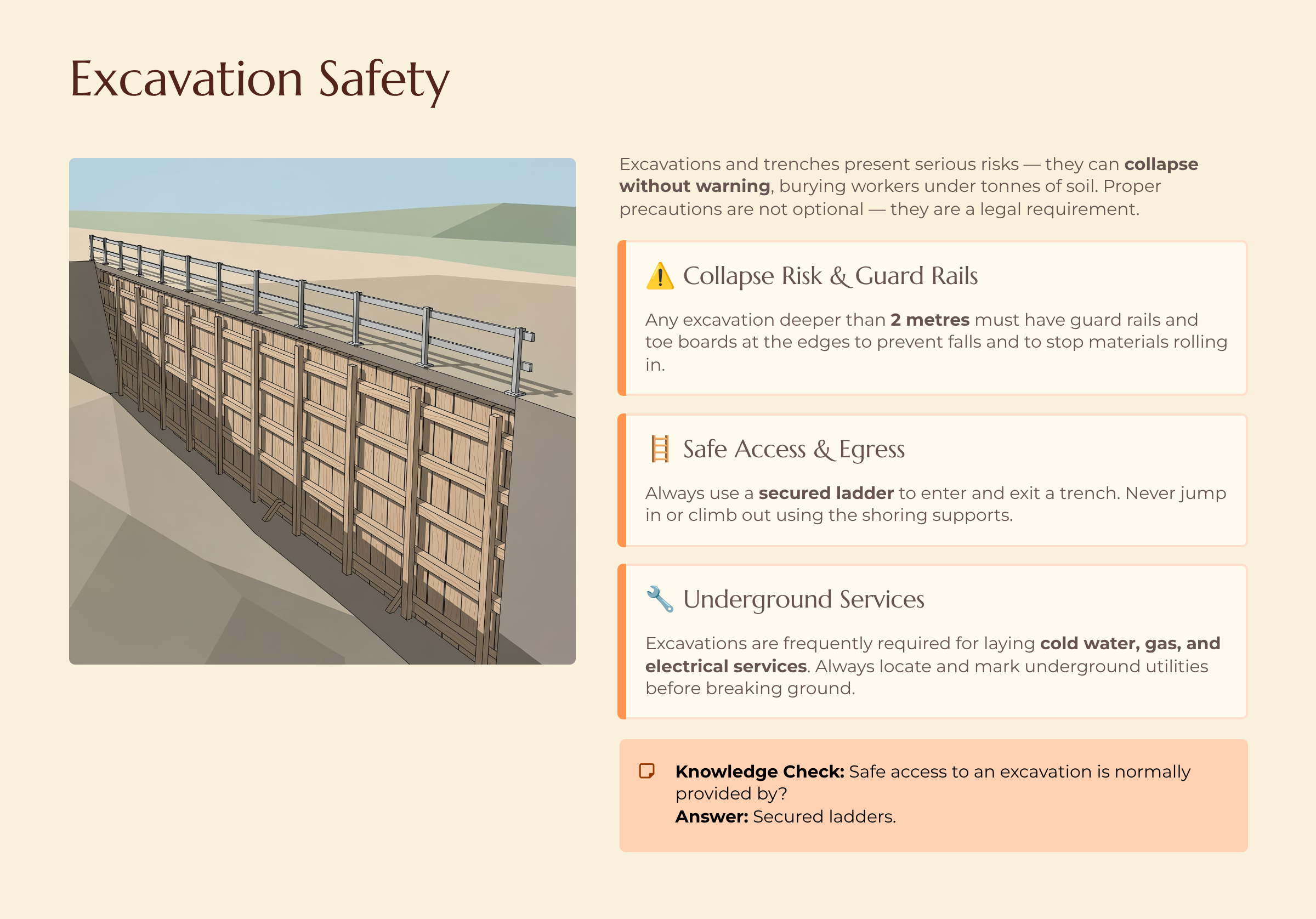 Excavation Safety: Excavations over 2 metres require guard rails and toe boards. Safe access via secured ladders. Frequently used for laying cold water, gas, and electrical services.